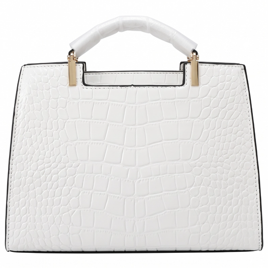 White Croc-Embossed Structured Handbag