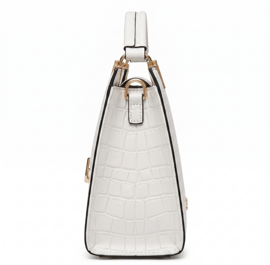White Croc-Embossed Structured Handbag