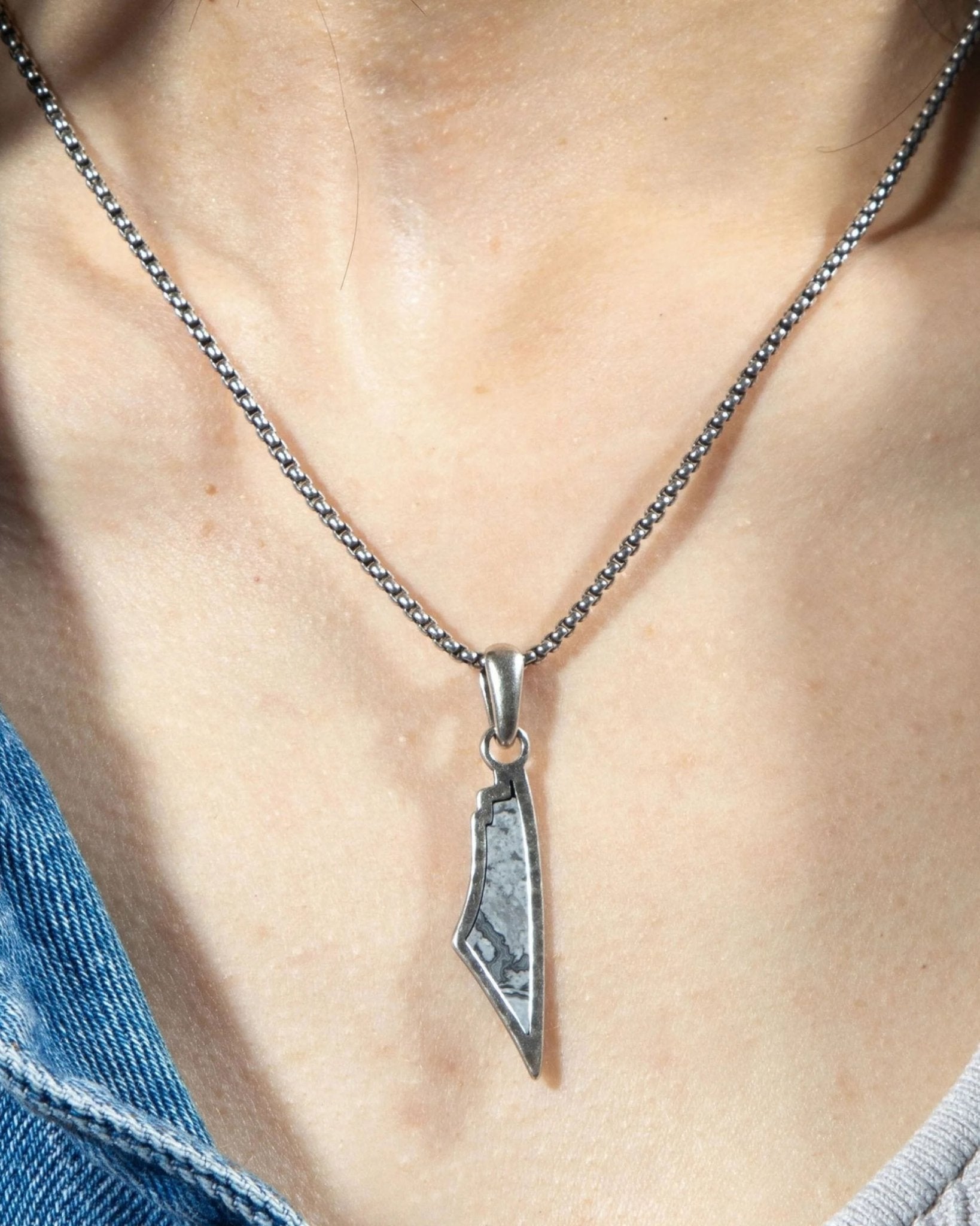 White Agate Stone Map of Palestine Necklace Silver - PaliRoots